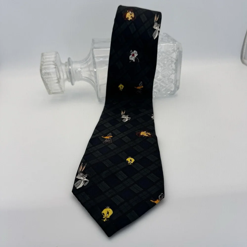 VTG 1993 Looney Tunes Tie Blue Plaid Mania‎ Tweety Taz Daffy Bugs Sylvester 90s